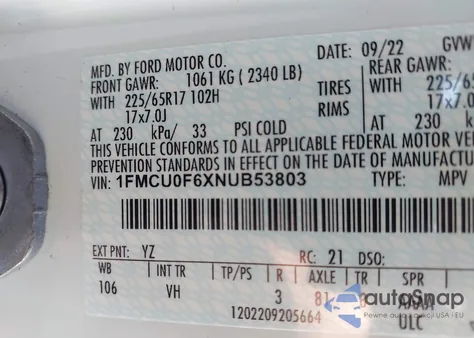 2022 Ford Escape S z USA, uszkodzony, nr VIN 1FMCU0F6XNUB53803